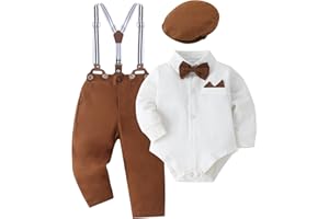 YALLET Baby Boy Clothes Set Infant Tuxedo Long Sleeve Gentleman Suit Outfits + Beret Hat + Suspender Pants + Bowtie 0-18M