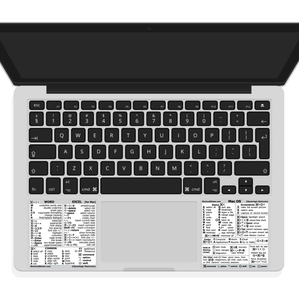 Synerlogic (2 Sets) Mac OS + Word/Excel (for Mac) Shortcuts, Laminated Vinyl Stickers - for MacBook Air/Pro/iMac/Mini (White/2)