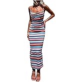 GORGLITTER Women's Crochet Backless Bodycon Maxi Dress Color Block Sleeveless Open Back Cowl Neck Striped Long Dresses