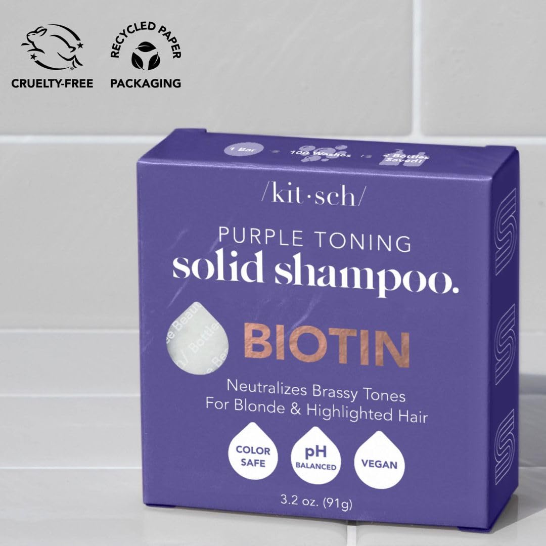 Kitsch Toning Purple Shampoo For Blondes & Color Treated Hair - Shampoo Bar For Women and Men - Biotin Shampoo for Strengthening & Neutralizing Brassy Tones - Vegan, Silicone & Sulfate Free - 3.2 oz