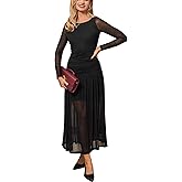 CUPSHE Women's Long Sleeve Bodycon Maxi Dress Mesh Ruched Slim Dress Formal Wedding Guest Cocktail Evening Dress