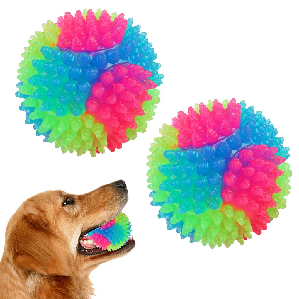 FineInno 2 pcs Light Up Dog Balls Flashing Elastic Ball Glow in The Dark Interactive Pet Toys for Puppy, Cats, Dog (2 pcs stab ball)
