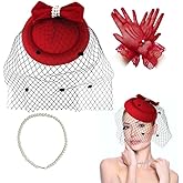 Cenbee Women's Fascinators Veil and Retro Charming Mesh Hat with Lace Gloves Imitation Pearl Necklace,Suitable for 1920s or 1950s Vintage Tea Party Cocktail Hall Wedding Church Derby Hat Set. Red