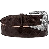 Texas Legacy Mens Dark Brown Pirarucu Fish Print Leather Western Cowboy Belt Dress Buckle