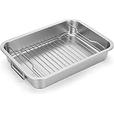 Tifanso Stainless Steel Roasting Pan - Heavy Duty Turkey Roasting Baking Broiler Oven Pan with Rack and Handle for Oven, High Sided Easy to Clean Induction Roast Tray for Chicken, Vegetable, Lasagna