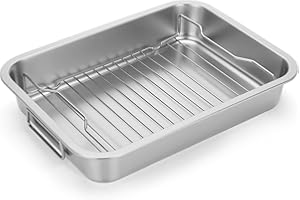 Tifanso Stainless Steel Roasting Pan - Heavy Duty Turkey Roasting Baking Broiler Oven Pan with Rack and Handle for Oven, High Sided Easy to Clean Induction Roast Tray for Chicken, Vegetable, Lasagna