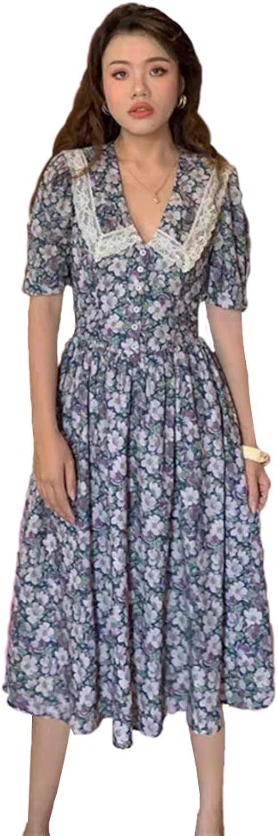 Xiaocha フレンチスリーブ ワンピ ディース Vネックワンピース レディース ロング丈可愛い 春夏 半袖 花柄 レースナチュラル ワンピース ワンピース チュニック 通販 Amazon