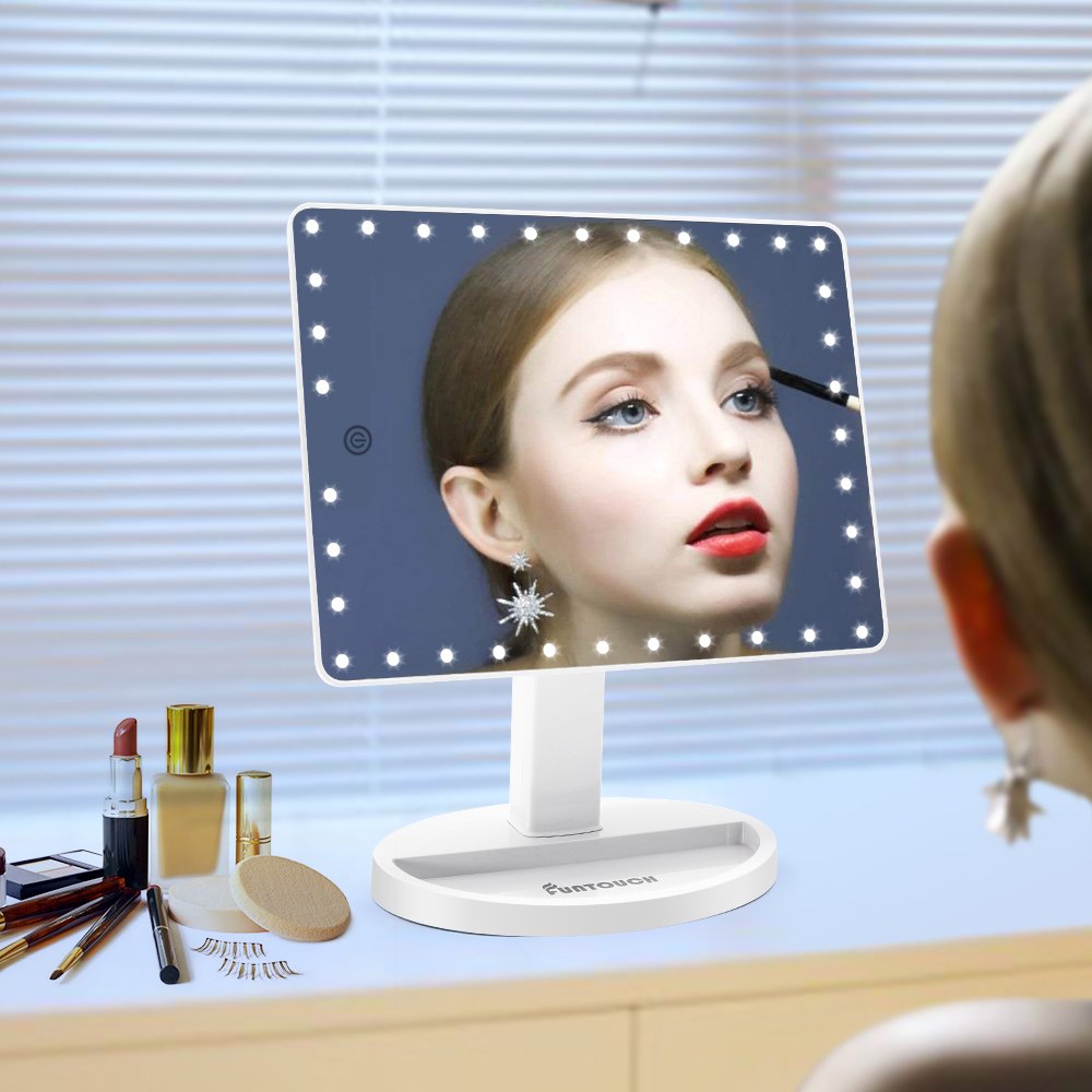 Large Lighted Vanity Makeup Mirror (X-Large Model), Funtouch Light Up Mirror with 35 LED Lights, Touch Screen and 10X Magnification Mirror, 360° Rotation Tabletop Cosmetic Mirror (White) : Beauty
