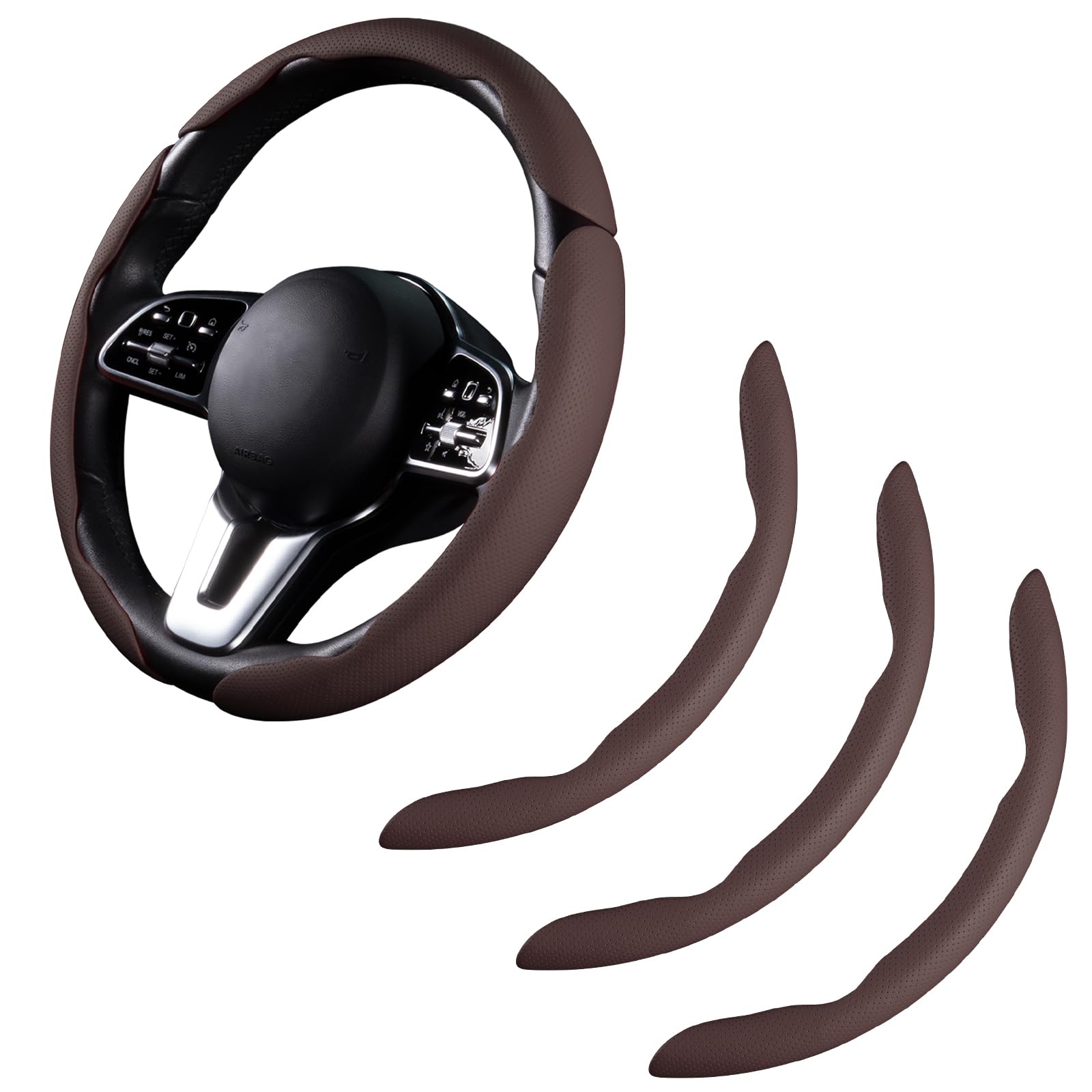 Photo 1 of Car Steering Wheel Cover Leather Snap On 3Pcs Set Non-Slip Protector Wrap Steering Wheel Accessories 14.5-15 inch Universal Brown