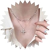 Andelaisi Boho Layered Crystal Cross Necklace Vintage CZ Pray Cross Choker Necklace Silver Star Cross Pendant Necklace Religious Rock Crucifix Chain Necklace Jewelry for Women