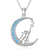 PROESS S925 Sterling Silver Cat Necklace Cat Birthstone Pendant Necklace Cute Animal Jewelry Gifts for Women