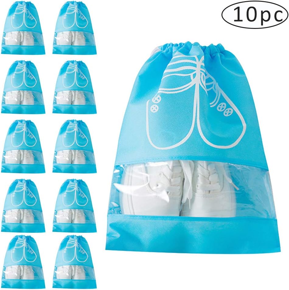 Faitolagi 10Pcs Portable Travel Shoes Storage Bags with Drawstring Dust-Proof Window Shoes Bags for Women and Men (Blue)