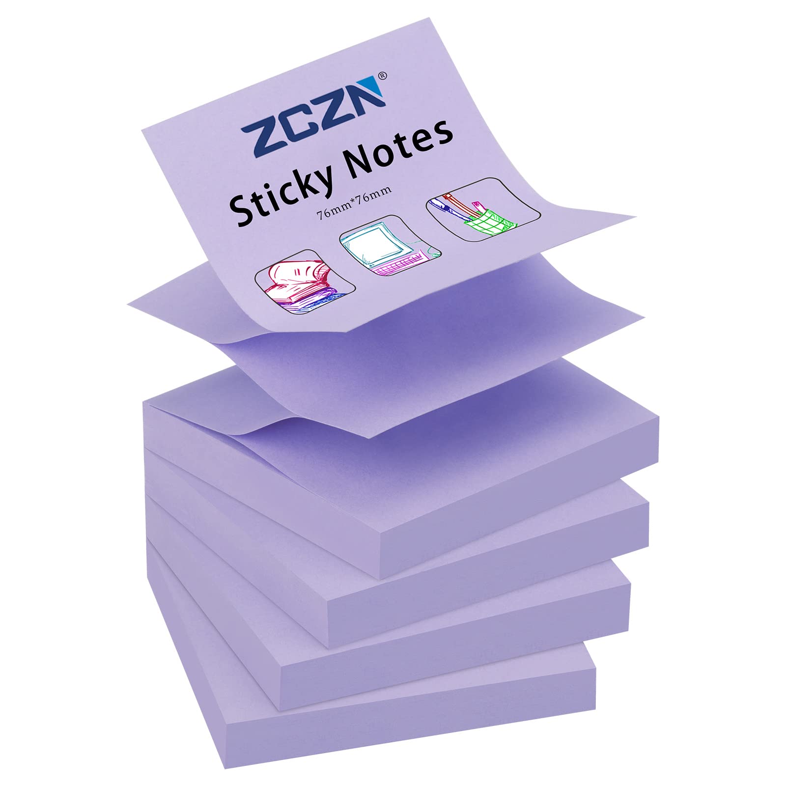 ZCZN Pop-up Sticky Notes 76 x 76 mm, 4 Pads Assorted Colours Self-Stick Notes, 100 Sheets/Pad, Light Purple