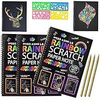 3 Packs Scratch Art Book for Kids, Rainbow Scratch Notebooks, Rainbow Color Scratch Off Paper with 3 Wooden Styluses and 4 Drawing Stencils Ideal Gift for Kids