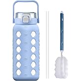 MUKOKO Half Gallon/64 oz Glass Water Bottles with Straw and Lid,Motivational Water Jug with Time Marker Reminder and Silicone Sleeve,100% Leakproof BPA Free Fitness Sports Large Bottle-Light Blue