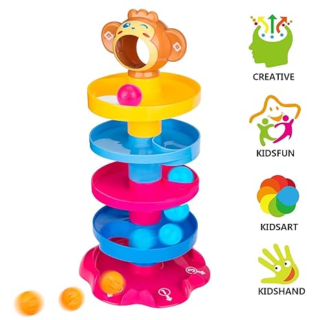 AdiChai Monkey Ball Drop Toy for Babies and Toddlers | New 5 Layer Tower Run with Swirling Ramps and 3 Puzzle Rattle Balls | Best Educational Development Toy Set for Kids