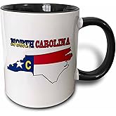 3dRose mug_58753_4 "North Carolina state flag in the outline map and letters for North Carolina" Two Tone Black Mug, 11 oz, Multicolor