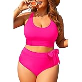 Plus Size Two Piece Swimsuits - Women High Waisted Bikini Scoop Neck Bathing Suit Swimwear