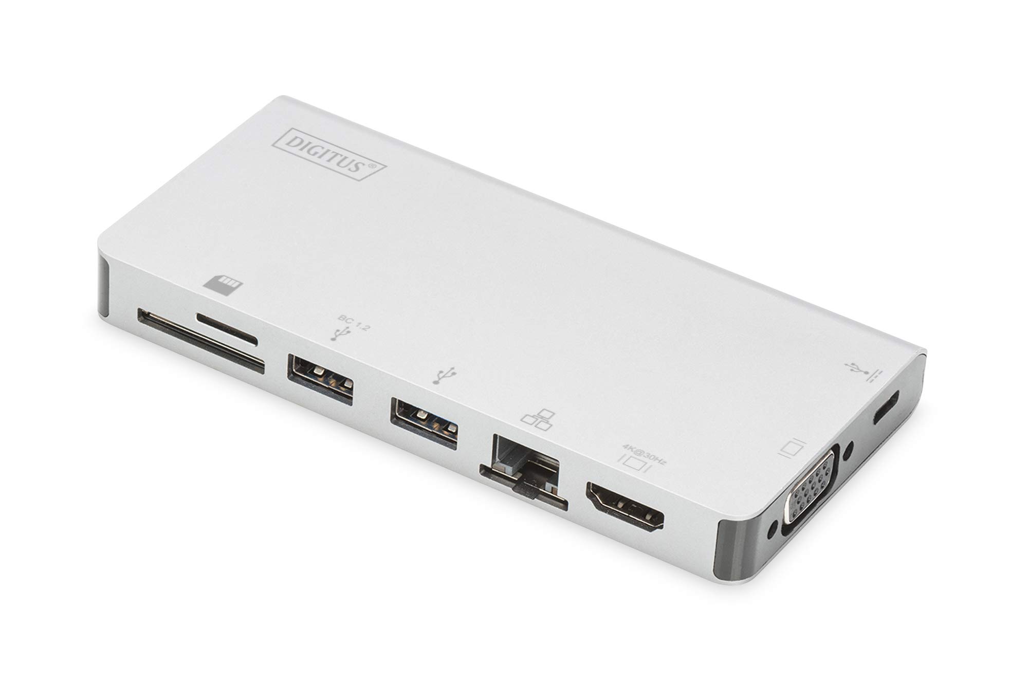 DIGITUS Multiport Docking Station - USB-C Dock 8 Ports - HDMI VGA, RJ45, 2x USB 3.0, Charging Port, Card Reader - Silver