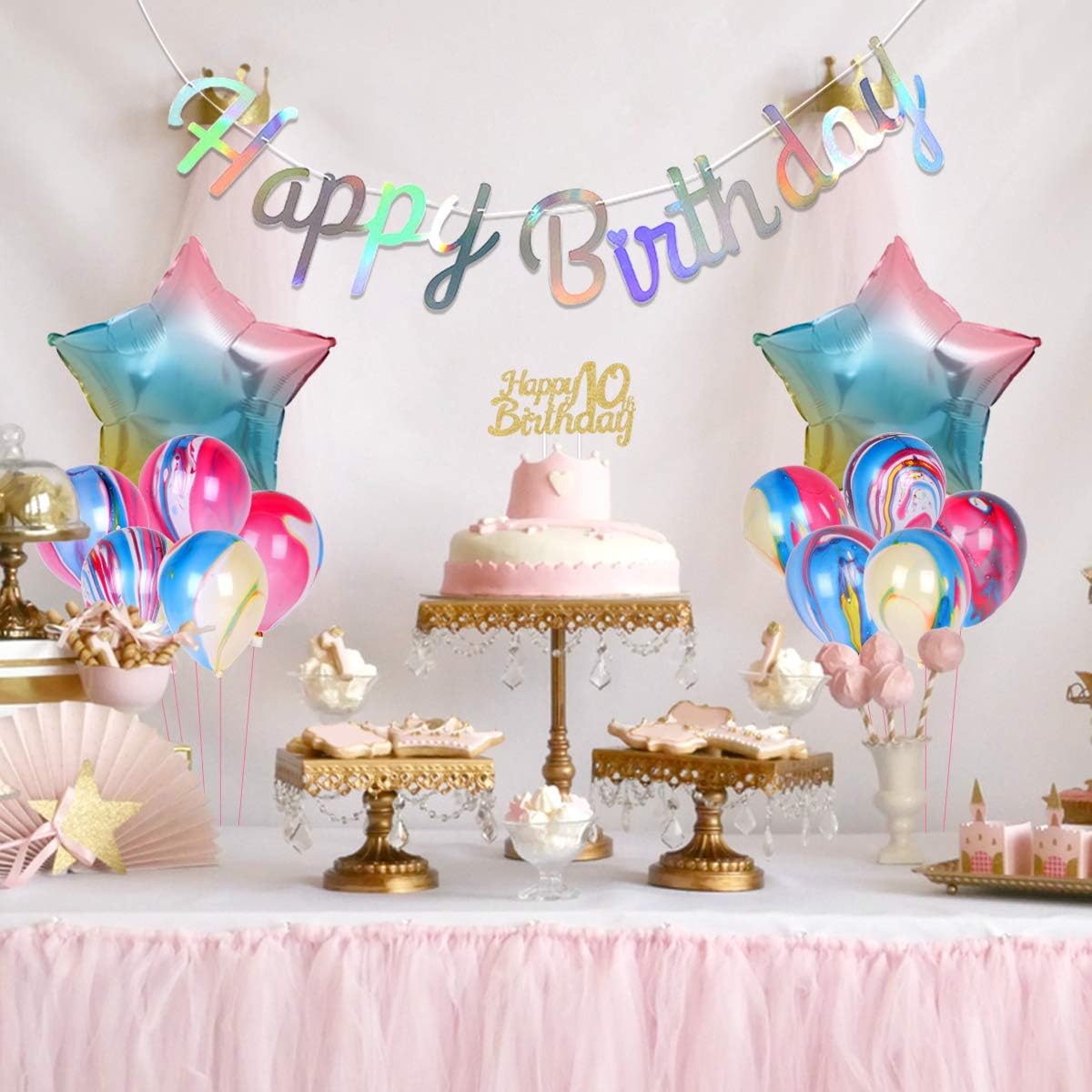 Rainbow 10th Birthday Decorations for Girls Double Digits Decorations Iridescent Happy Birthday Banner Cake Topper Pastel Number 10 Star Rainbow Gradient Balloons for 10 Year Old BRD Party - Image 3