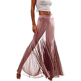 Womens Maxi Skirts Mesh Pleated 2025 Summer Trendy Sexy Club Sheer Boho Beach Cover Up Flowy Long Tulle Skirt