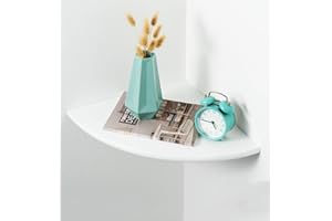 BEUGAWHOO White Corner Shelf, Wall Mount Natural Oak Wood Floating Corner Wall Shelf Round End Small Corner Nightstand Plant Shelf for Bedroom, Kitchen, Living Room 16inch