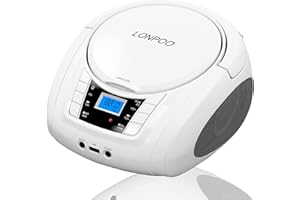 LONPOO Portable CD Player for Study, Stereo Boombox with Bluetooth/FM Radio/USB Input/AUX-in/Earphone Stereo Sound Audio Player (White)