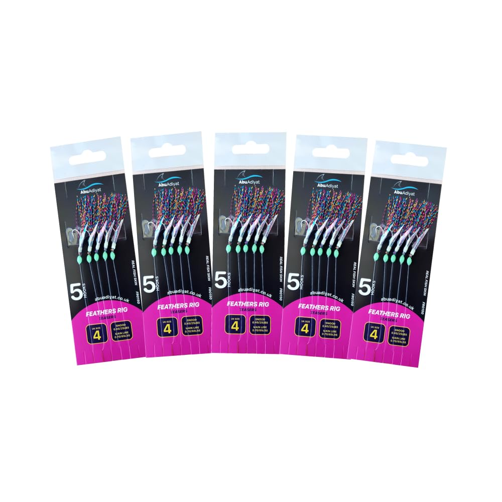 5 hooks Feather Rig Size 4 For Boat Sea And Shore Lure Rig for Mackerel, Horse Mackerel, And Herring (5/10 pack) (Teasers)