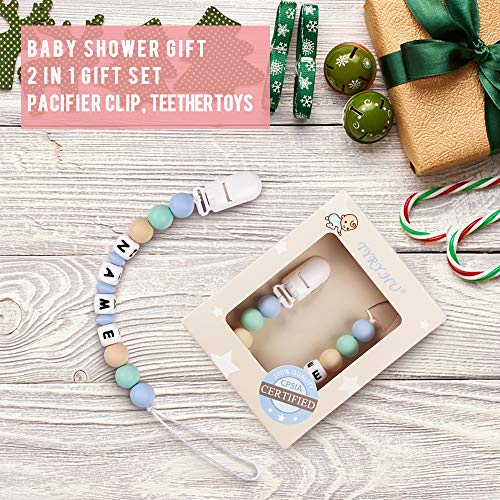 Pacifier Clip Personalized Name TYRY.HU Baby Boys Binky Holder Soothie Paci Clip Silicone Bead Teething Relief Teether Toy Handmade Birthday Shower Gift (Light Blue) - Thumbnail 5