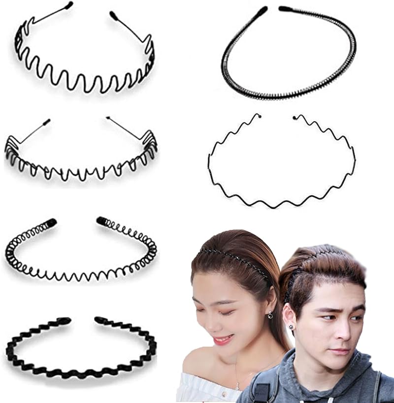 WUBAYI 6Pcs Hair Band Mens Metal Headband Non-slip Unisex Black