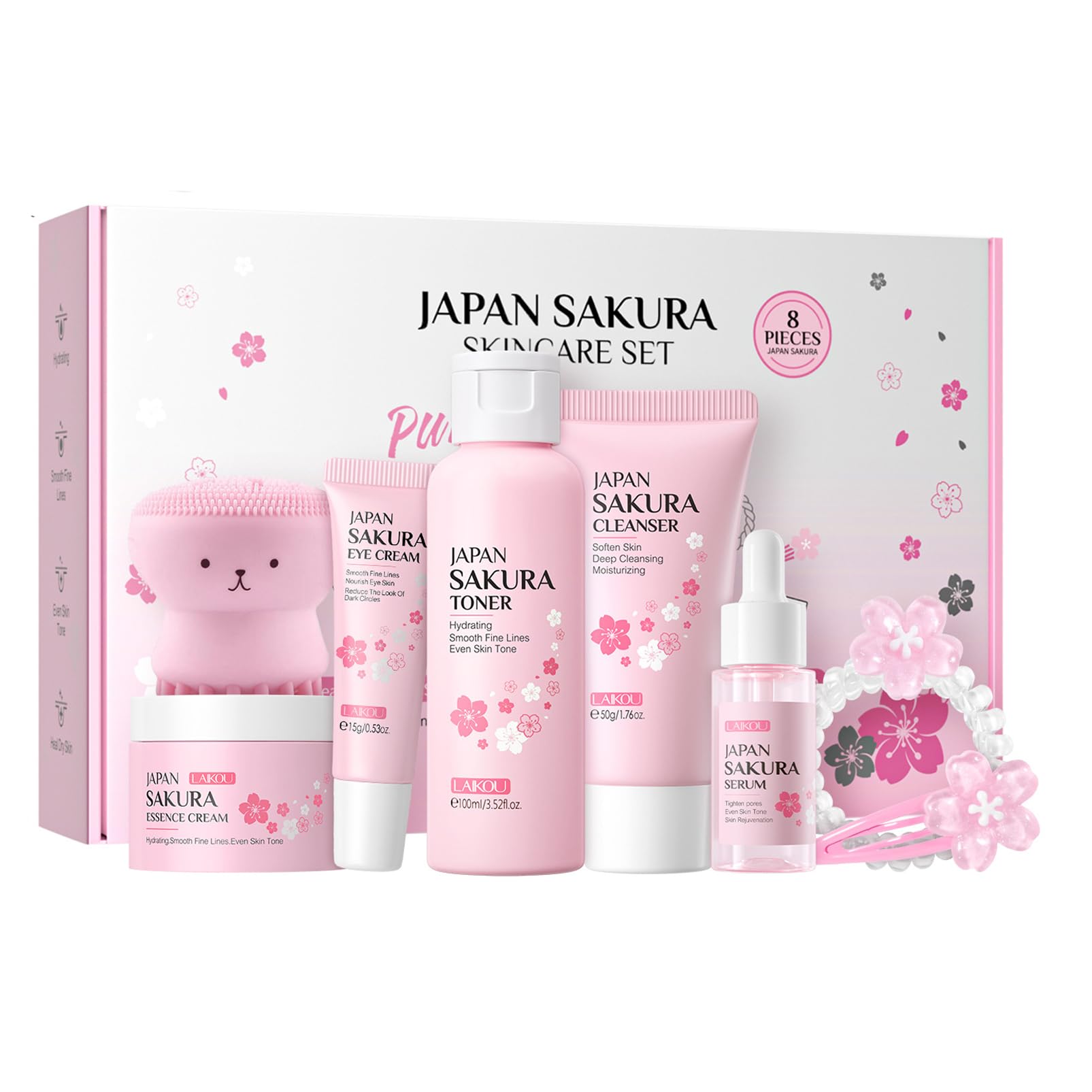 Japan Sakura kin Care Sets & Kits 8PCS-Facial Kit with Cleanser, Toner, Serum,Eye Cream,Face Moisturizer,Face Brush&Hair Clips - Hydrating Travel Beauty Gift Set for Women Teen Girls Mom (Sakura-8PCS) — image 1