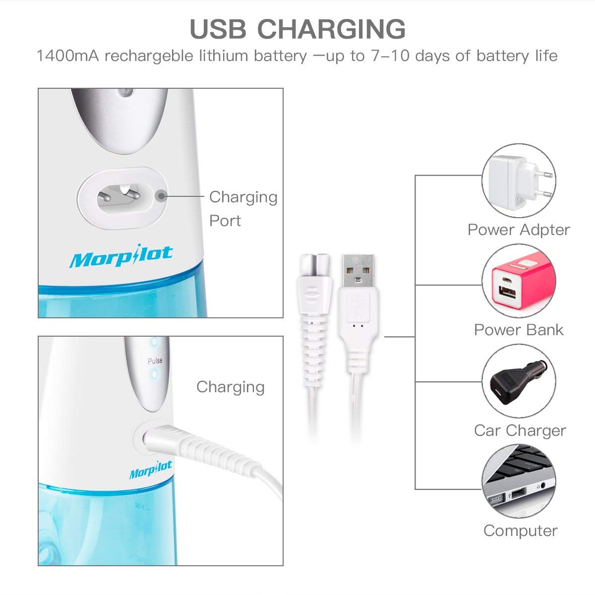 Munddusche Elektrisch Morpilot Zahnreiniger Kabellos mit 3 Modi Oral Irrigator Wiederaufladbare IPX7 Wasserdicht 200ML Wassertank 3 Düsen