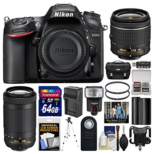 Nikon-D7200-Digital-SLR-Camera-with-18-55mm-VR-70-300mm-DX-AF-P-Lenses-Case-64GB-Card-Flash-Battery-Charger-Tripod-Filters-Remote-Kit