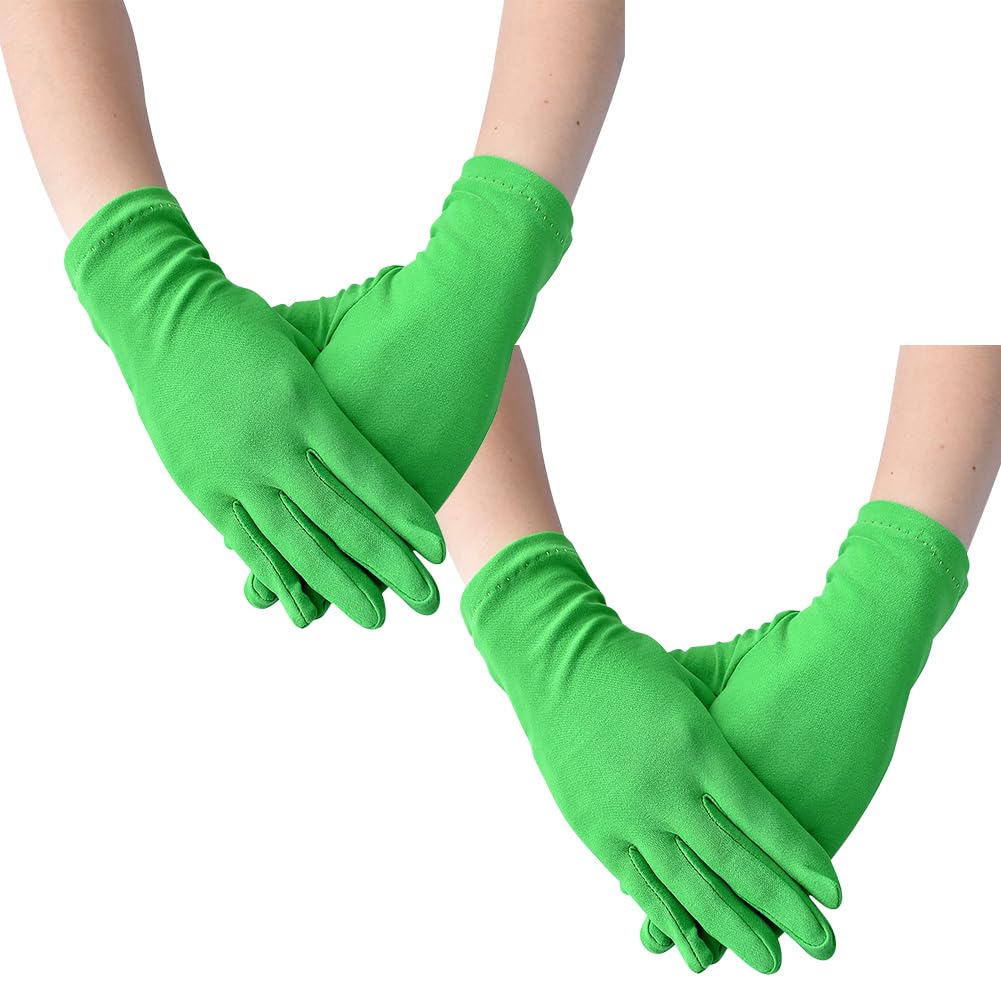 FSSTUD 2 Pairs Green Solid Stretchy Satin Gloves - Simple Style, Slim Hands, Wedding, Party, Opera - Polyester, One Size Fits Most