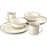GSI Outdoors Mesa 2-Person Enamelware Dining Set 6-Pieces – Cream with Bronze-Finished Stainless Steel Rim, Dishwasher Safe