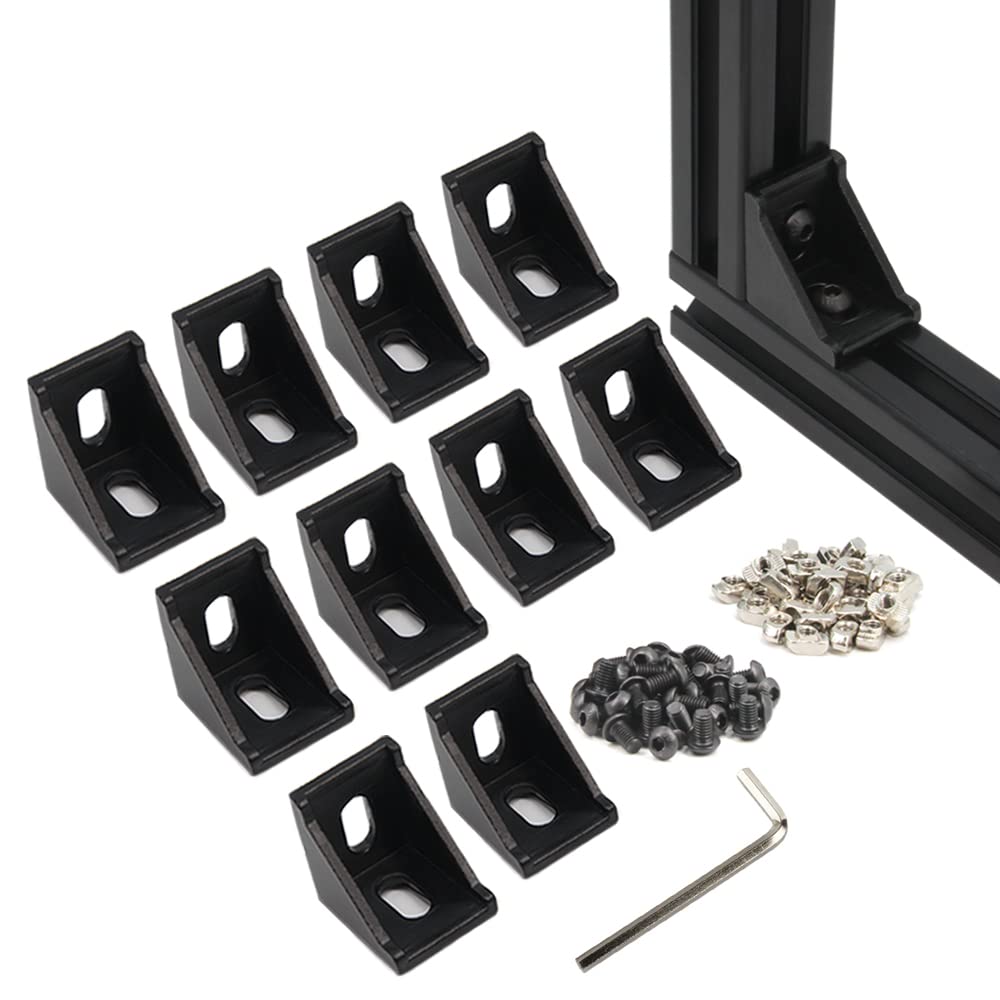 Yeebyee 3030 Right Angle Corner Bracket Gusset 2 Hole with M6x10mm Screws and T-Nuts for 8mm Slot 3030 Series Aluminum Extrusion Profile, 10pcs/Pack (Black-30Series)