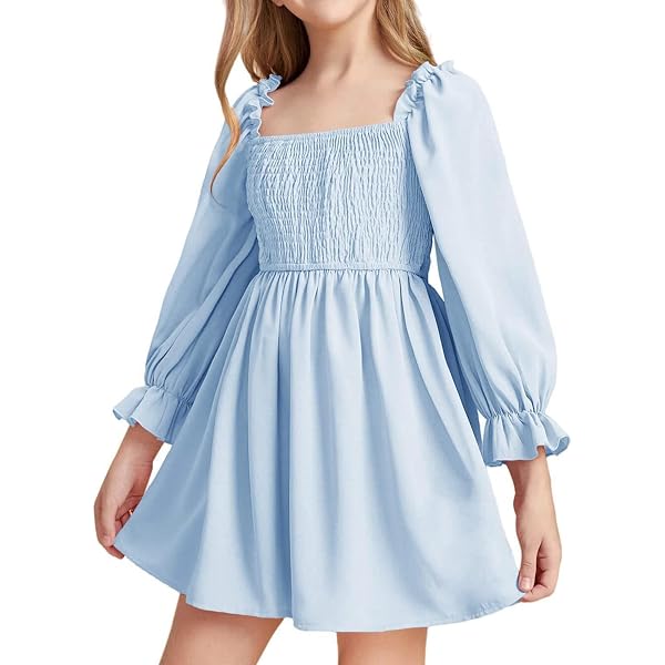 Robe Fille Manches Longues Col V Avec Poches - Taille 4 à 12 Ans (110-150cm) - Polyester élasthanne - Élégante Et Quotidienne