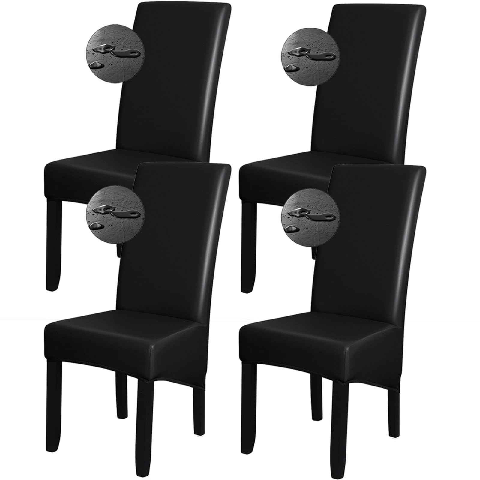 Bestenrose XL Chair Covers for Dining Room Chair Cover Set of 4 PU Waterproof Seat Cover Removable High Back Chair Slipcovers Large Seat Covers Chair Protective for Home Restaurant,Black