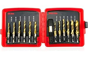 WILDBOSSY Combination Drill Tap Bit Set 6 PCS SAE (6-32NC ~ 1/4-20NC) and 6 PCS Metric (M3 ~ M10), Titanium High-Speed Steel Screw Tapping Hexagonal Handle Multifunctional Drill Bit Set, Manual Tool