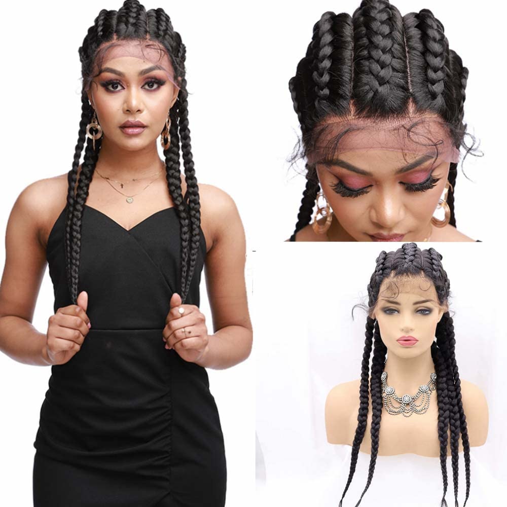 Xiweiya Natural Black Braid Wig - Synthetic 5Box Braiding Lace Front Wig With Baby Hair - 360Lace Hand-Made Cornrow 5Braids Hair