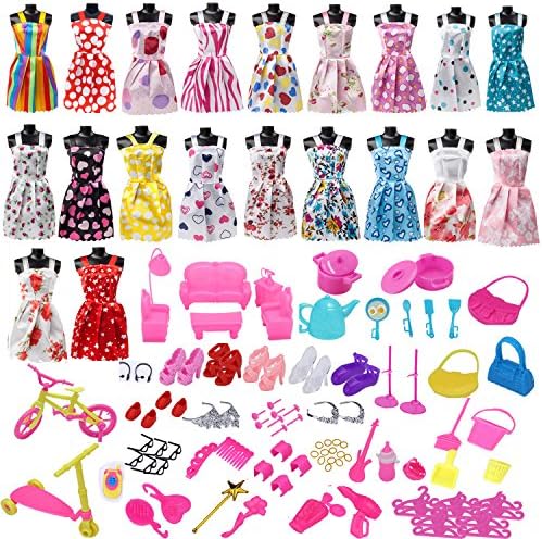 136Pcs Barbie Doll Clothes Set, 20 Pack Barbie Clothes Party Grown Outfits Dresses and 116pcs Different Doll Accessories Shoes bags Glasses Necklace Tableware for Little Girl Birthday Christmas Gift
