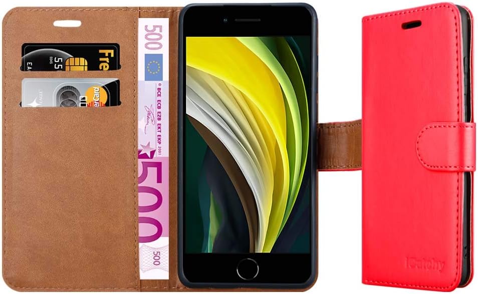 iCatchy iPhone SE 2022/2020, 8, 7 Leather Wallet Book Flip Folio Stand View Case Compatible With iPhone SE 2022/2020 (Red) - Image 4