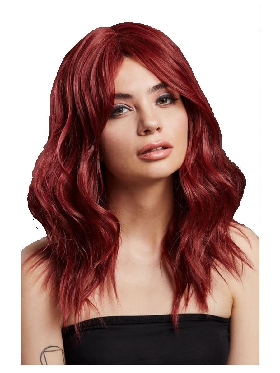 Smiffys Fever Ashley Wig, Two Toned Blend, Ruby Red Wavy Long Layered, Centre Parting, 48cm/ 19in, Fever Wigs Fancy Dress, Fever Dress Up Wigs
