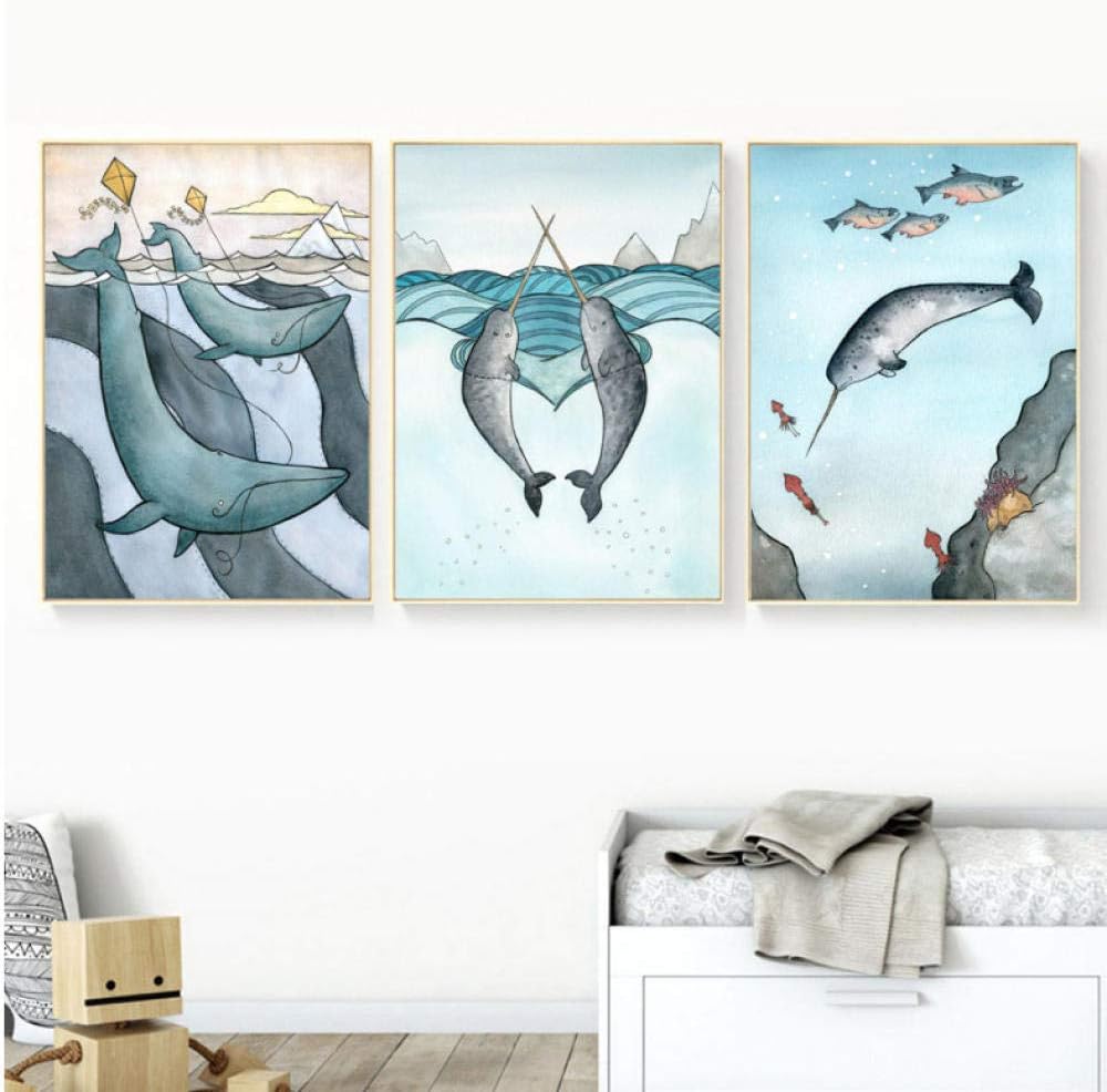 Shark Whale Pictures Nursery Kids Room Decor Modern Fashion Wall Art Canvas Painting Cartoon Nordic Posters and Prints-40X60Cmx3 No Frame