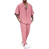 LecGee Men Summer Casual Short Sleeve Pant Sets Solid Button Down Shirt Elastic Pants 2 Piece Outfits Beach Tracksuit