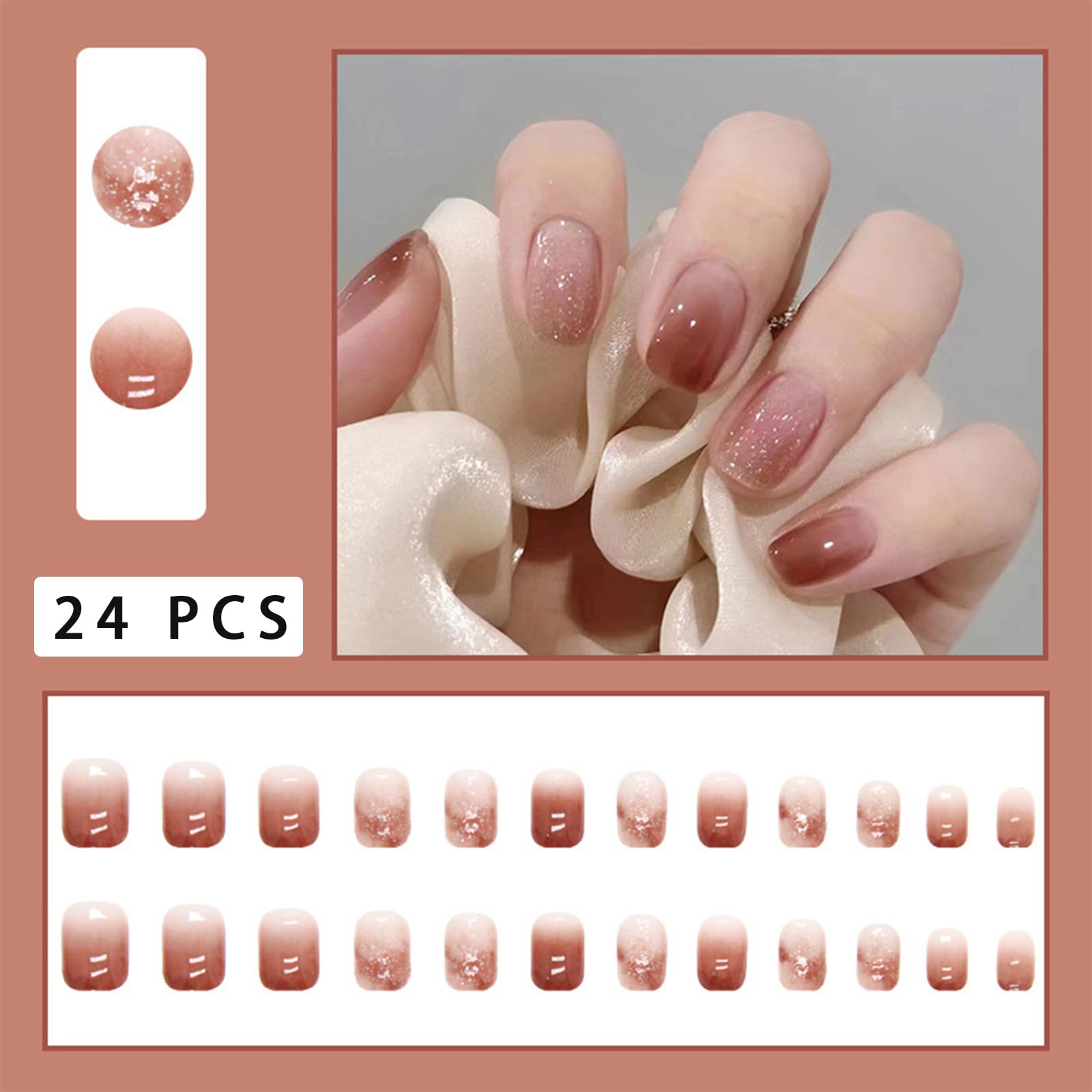 Gradient Brown Press on Nails Short Square Fall Fake Nails with Brown Glitter Designs False Nails Full Cover Nail Tips Glossy Gold Glitters Acrylic Nails for Women Girls Autumn Nail Decoration 24pcs - Image 2