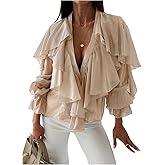 GORGLITTER Women's Ruffled Chiffon Button Up Blouses Shirt Dressy Long Sleeve Sheer Top V Neck Business Casual Fall Shirt