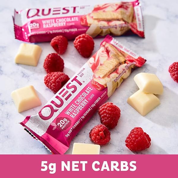QUEST NUTRITION WHITE CHOCOLATE RASPBERRY PROTEIN BARS, 20G PROTEIN, 1G SUGAR, 5G NET CARB, HIGH FIBER, GLUTEN FREE, KETO FRIENDLY, 12 COUNT