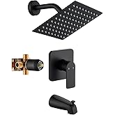 Black Tub Shower Faucet Set Complete with 8-Inch Rainfall Shower Head and Tub Spout Included Shower Valve Tub Shower Trim Kit Matte Black