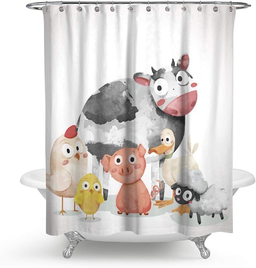 Amazon Com Hmwr Cute Farm Animal Fabric Shower Curtain Cow Pig Duck Sheep Bathroom Decor Weighted Shower Curtain For Bathtub Showers 72 X 72 White Home Kitchen